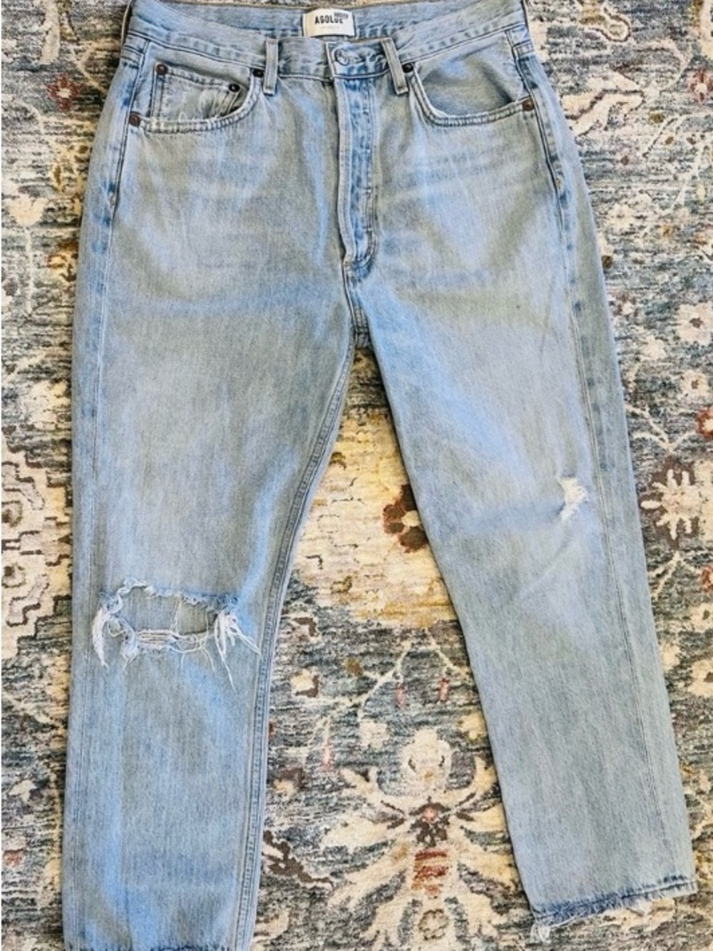 Agolde Riley High Rise Straight Leg Cropped Jeans Distressed Light Wash 27